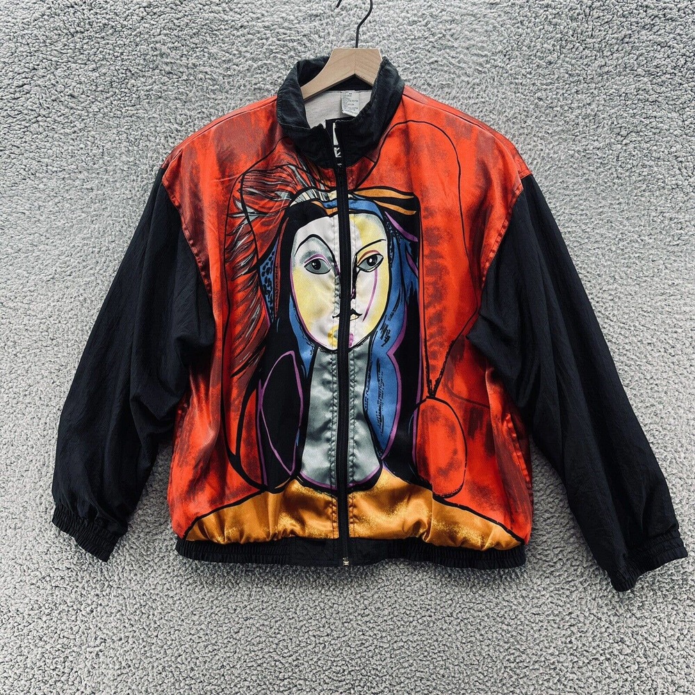 VTG 80s Julia Michaels Jacket Womens Medium Black Colorful Satin Art Bomber